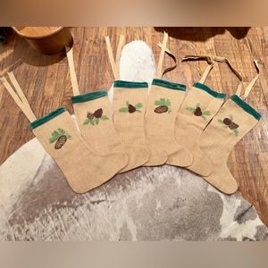 WISTERIA Jute & Green Velvet Embroidered Pinecone Christmas Stockings Set of 6